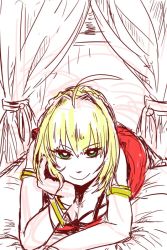Rule 34 | 10s, 1girl, ahoge, akakokko (akakokko966), armlet, blonde hair, bracelet, braid, breasts, cleavage, downblouse, dress, fate/extra, fate (series), french braid, green eyes, jewelry, lying, nero claudius (fate), nero claudius (fate), nero claudius (fate/extra), on bed, on stomach, red dress, short hair, smile, solo