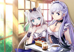 Rule 34 | 2girls, :t, absurdres, azur lane, bare shoulders, belfast (azur lane), blue dress, blue eyes, blush, breasts, broken, broken chain, chain, choker, cleavage, closed mouth, coffee, collarbone, commentary request, cup, day, detached sleeves, dress, eating, fork, hammann (azur lane), highres, holding, holding fork, holding tray, indoors, long hair, maid, maid headdress, medium breasts, multiple girls, muu rin, puffy short sleeves, puffy sleeves, purple eyes, purple hair, red choker, remodel (azur lane), saucer, short sleeves, silver hair, sleeveless, sleeveless dress, smile, sunlight, teacup, tray, tree, utensil in mouth, very long hair, window