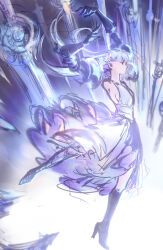 Rule 34 | 1girl, absurdres, amputee, armor, bare shoulders, blue hair, boots, breasts, commentary request, double amputee, dress, floating, floating object, floating sword, floating weapon, flower, full body, gauntlets, hair flower, hair ornament, high heels, highres, long hair, magic, medium breasts, meteorite (scyf5477), pauldrons, ragna crimson, rayman limbs, shoulder armor, sleeveless, sleeveless dress, solo, starlia lese, sword, telekinesis, unfinished, very long hair, weapon, white dress