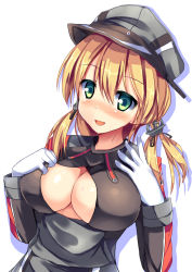 Rule 34 | 10s, 1girl, :d, anchor hair ornament, blonde hair, blush, breasts, cleavage, cleavage cutout, clothing cutout, gloves, green eyes, hair ornament, hands on own chest, hat, kantai collection, large breasts, looking at viewer, military, military hat, military uniform, open mouth, peaked cap, prinz eugen (kancolle), ryokushiki (midori-ya), simple background, smile, solo, twintails, uniform, upper body, white background, white gloves