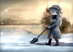 Rule 34 | 10s, 1girl, blue eyes, earmuffs, hammer and sickle, hat, hibiki (kancolle), kantai collection, long hair, looking at viewer, personification, scarf, ship, shovel, silver hair, snow, snowing, solo, tsubasa (abchipika), verniy (kancolle), watercraft, winter clothes, worktool