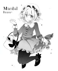 Rule 34 | 1girl, absurdres, bad deviantart id, bad id, bag, blush, bow, brooch, character name, curly hair, dress, frilled dress, frills, full body, greyscale, halftone, hat, hat bow, highres, jewelry, jumping, kirame kirai, long sleeves, looking at viewer, maribel hearn, mob cap, monochrome, pantyhose, shoes, short hair, simple background, solo, touhou, white background