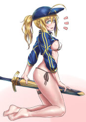 Rule 34 | ahoge, artoria pendragon (fate), baseball cap, bikini, blonde hair, blush, breasts, burusuta, colored pencil (medium), commentary request, covered erect nipples, emphasis lines, excalibur (fate/stay night), fate/grand order, fate (series), feet, graphite (medium), green eyes, hat, highres, looking at viewer, mechanical pencil, medium breasts, medium hair, mysterious heroine x (fate), mysterious heroine xx (fate), open mouth, pencil, ponytail, scabbard, sheath, shrug (clothing), side-tie bikini bottom, solo, swimsuit, sword, thigh strap, traditional media, weapon, white bikini