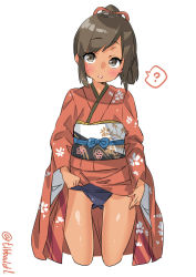 Rule 34 | 10s, 1girl, ?, blue one-piece swimsuit, blush, brown eyes, brown hair, clothes lift, cowboy shot, cropped legs, ebifurya, eyebrows, floral print, gluteal fold, hair ribbon, highres, i-401 (kancolle), japanese clothes, kantai collection, kimono, kimono lift, lifted by self, long sleeves, looking at viewer, obi, one-piece swimsuit, open mouth, ponytail, print kimono, red kimono, red ribbon, ribbon, sash, school swimsuit, simple background, solo, speech bubble, spoken question mark, swimsuit, swimsuit under clothes, tan, twitter username, white background