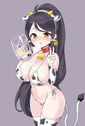 Rule 34 | 1girl, ahoge, animal ears, animal print, ara haan, bikini, black hair, blush, breasts, bridal gauntlets, burp, cleavage, closed mouth, collar, collarbone, completely nude, cow ears, cow print, cow print bikini, cow print thighhighs, cow tail, cowbell, cowboy shot, cum, cum in container, cum in cup, cum on body, cum on breasts, cum on upper body, cup, ear tag, elbow gloves, elsword, facial, fake animal ears, gloves, gokkun, haun (exodinary), highres, huge breasts, large breasts, licking lips, long hair, monochrome background, navel, nude, one eye closed, print bikini, print thighhighs, side-tie bikini bottom, simple background, solo, swimsuit, tail, thighhighs, tongue, tongue out, v, yellow eyes