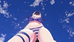 Rule 34 | 1girl, 3d, ahoge, animal ears, animated, animated gif, bikini, blue eyes, blush, bouncing breasts, breasts, cat ears, cat girl, cleavage, dancing, from below, indie virtual youtuber, large breasts, leg strap, long hair, markings, navel, orca, orca girl, shylily, sky, smile, solo, stomach, striped bikini, striped clothes, swimsuit, thick thighs, thighs, virtual youtuber