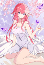 Rule 34 | 1girl, absurdres, bare legs, barefoot, bipup-hola, breasts, bug, butterfly, cleavage, dress, flower, frills, genshin impact, hair ornament, highres, insect, large breasts, long hair, looking at viewer, medium breasts, parted bangs, pink hair, purple butterfly, purple eyes, sitting, solo, white dress, yae miko, yokozuwari