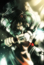 1boy 1girl alien alien_(series) alien_vs._predator arm_cannon armor bad_id black_hair blonde_hair blue_eyes closed_mouth commentary_request cyborg dutch_schaefer elbow_pads frown hair_between_eyes holding holding_sword holding_weapon katana kei_(keigarou) linn_kurosawa long_hair ponytail predator_(character) predator_(series) short_hair shoulder_armor sword v-shaped_eyebrows weapon xenomorph