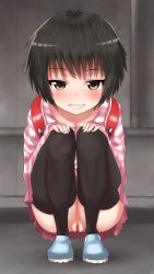 Rule 34 | 1girl, absurdres, backpack, bag, black hair, black thighhighs, blush, brown eyes, female focus, full body, grin, gyahu, highres, long sleeves, looking at viewer, no panties, original, pussy, shirt, shoes, skirt, smile, solo, squatting, striped clothes, striped shirt, striped sleeves, teeth, thighhighs