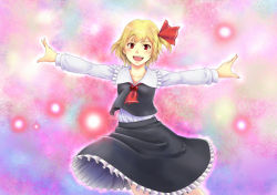 Rule 34 | 1girl, bad id, bad pixiv id, blonde hair, embodiment of scarlet devil, female focus, kata-kori, open mouth, outstretched arms, rumia, skirt, smile, solo, standing, touhou