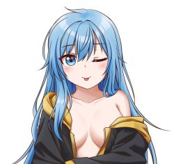 Rule 34 | 1girl, ;p, blue eyes, blue hair, blush, breasts, cleavage, elie wayne, highres, jacket, jan azure, long hair, looking at viewer, medium breasts, no bra, one eye closed, original, simple background, single bare shoulder, smile, solo, tongue, tongue out, upper body, white background
