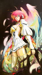 Rule 34 | 1girl, absurdres, angel, angel wings, aqua wings, beige legwear, blonde hair, blue wings, breasts, feathers, from side, hair between eyes, hair ribbon, highres, holding, ikaros, index finger raised, kanchiyo, large breasts, long hair, looking away, low twintails, multicolored wings, parted lips, pink eyes, pink hair, pink wings, pleated skirt, red ribbon, ribbon, robot ears, shirt, signature, skirt, solo, sora no otoshimono, standing, thighhighs, twintails, very long hair, white shirt, white skirt, wings, yellow wings