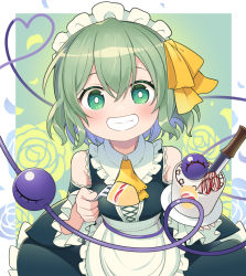Rule 34 | 1girl, alternate costume, apron, bare shoulders, black dress, blush, bow, bright pupils, cake, chocolate, cowboy shot, cross-laced clothes, dress, enmaided, floral background, food, fork, frilled shirt collar, frills, fruit, green eyes, green hair, grin, hair bow, hair ribbon, heart, heart of string, holding, holding fork, knife, komeiji koishi, looking at viewer, maid, maid headdress, petticoat, pillarboxed, ribbon, short hair, smile, solo, strawberry, third eye, toto nemigi, touhou, waist apron, white apron, white pupils, yellow ribbon