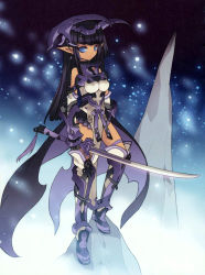 Rule 34 | 1girl, armor, armored boots, black hair, blade (galaxist), blue eyes, boots, earrings, female focus, full body, gradient background, holding, holding sword, holding weapon, jewelry, long hair, original, pointy ears, solo, standing, sword, tan, weapon