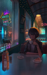 Rule 34 | 1girl, absurdres, black cat, black hair, black jacket, blunt bangs, bob cut, bracelet, cat, christmas, christmas tree, city lights, closed mouth, commentary, cup, food, highres, holding, holding cup, indoors, jacket, jewelry, neon lights, night, open clothes, open jacket, original, pasoputi, reflection, scenery, shirt, sitting, solo, table, watch, white shirt, window, wristwatch