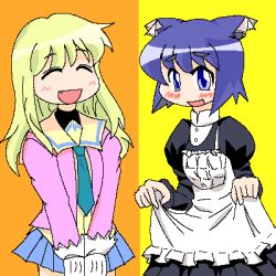 Rule 34 | 00s, 2girls, :d, ^ ^, animal ears, apron, black dress, blonde hair, blue hair, blue skirt, blush, buttons, closed eyes, clothes lift, cowboy shot, crossdressing, dress, dress lift, fang, gloves, long hair, looking at viewer, lowres, media (pani poni), multiple girls, open mouth, own hands together, pani poni dash!, pleated skirt, serizawa akane, short hair, simple background, skirt, smile, tooth, v arms, very long hair, white gloves