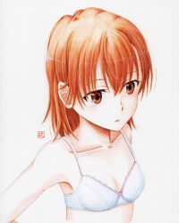 Rule 34 | 1girl, artist name, blush, bob cut, bra, breasts, brown eyes, brown hair, collarbone, commentary, from above, from side, hair between eyes, hand on own hip, light blush, looking afar, looking ahead, loose hair strand, medium hair, misaka imouto, painting (medium), parted lips, signature, simple background, small breasts, solo, toaru kagaku no railgun, toaru majutsu no index, traditional media, underwear, upper body, watercolor (medium), white background, white bra, y takeshinu wan