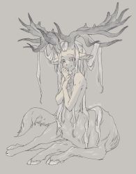 Rule 34 | 1girl, antlers, centauroid, closed mouth, completely nude, deer girl, grey background, hands up, highres, horizontal pupils, horns, long hair, looking at viewer, mullmull02, muted color, nude, red eyes, simple background, sitting, smile, solo, spot color, taur, twitter username, very long hair, white hair, yokozuwari