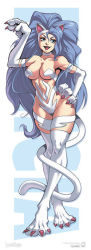 Rule 34 | 1girl, :d, animal ears, animal hands, arm up, big hair, blue eyes, blue hair, breasts, capcom, cat ears, cat tail, character name, crossed legs, curvy, fang, felicia (vampire), fur, game, kevin lau, large breasts, long hair, long image, matching hair/eyes, open mouth, smile, solo, standing, stick poster, tail, tall image, udon entertainment, vampire (game), very long hair, wavy hair, wide hips