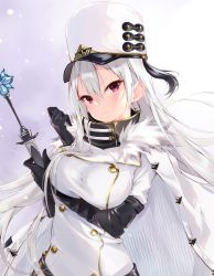Rule 34 | &gt;:), 1girl, azur lane, black gloves, blush, breast hold, breasts, buttons, closed mouth, coat, coat dress, double-breasted, elbow gloves, fur-trimmed coat, fur trim, gloves, hair between eyes, head tilt, highres, holding, holding scepter, jacket, jacket on shoulders, large breasts, long hair, looking at viewer, military, military uniform, mole, mole under eye, open clothes, open coat, pink eyes, scepter, silver hair, smile, smug, solo, sovetskaya rossiya (azur lane), t-bth, uniform, v-shaped eyebrows, white coat, white headwear