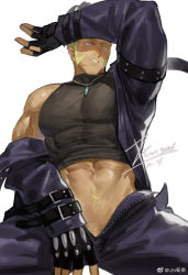 Rule 34 | 1boy, abs, arm on own head, bara, blonde hair, blue eyes, clothes lift, covered abs, covered erect nipples, feet out of frame, jewelry, jin (sirius-j), large pectorals, long sideburns, male focus, male pubic hair, mature male, midriff, muscular, muscular male, necklace, no male underwear, off shoulder, open pants, pants, pectorals, penis, penis peek, pubic hair, rafael (yu-gi-oh!), shirt, shirt lift, short hair, sideburns, single bare shoulder, sitting, solo, spiked hair, stomach, taut clothes, taut shirt, unzipped, weibo logo, weibo watermark, yu-gi-oh!, yu-gi-oh! duel monsters