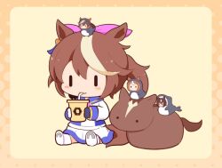 Rule 34 | 4girls, animal, animal costume, asymmetrical gloves, bendy straw, blue gloves, blush stickers, boots, border, brown background, brown border, brown hair, chibi, cup, disposable cup, drinking straw, gloves, gomashio (goma feet), hair between eyes, hair ribbon, halftone, holding, holding cup, horse, horseshoe, jacket, long hair, long sleeves, mini person, minigirl, mismatched gloves, multicolored hair, multiple girls, on head, pink ribbon, pleated skirt, ponytail, ribbon, shoe soles, sirius symboli (umamusume), sitting, skirt, streaked hair, symboli rudolf (umamusume), tokai teio (racehorse), tokai teio (umamusume), tsurumaru tsuyoshi (umamusume), two-tone hair, umamusume, white footwear, white gloves, white hair, white jacket, white skirt, | |