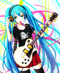 Rule 34 | 1girl, aqua eyes, bad id, bad pixiv id, black hairband, black shirt, black thighhighs, blue hair, blue moment, collarbone, cowboy shot, guitar, hairband, hatsune miku, headphones, holding, holding instrument, instrument, long hair, looking at viewer, miniskirt, mouth hold, pleated skirt, red skirt, shirt, short sleeves, skirt, smile, solo, standing, thighhighs, twintails, very long hair, vocaloid, zettai ryouiki