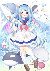 Rule 34 | 1girl, air bubble, animal request, aqua hair, arare mochiko, bear, bird, blue eyes, blue sailor collar, blush, brown footwear, bubble, commentary request, dot nose, dress, fish, fish hair ornament, full body, gradient eyes, hair ornament, hair spread out, hairclip, half-closed eyes, hands up, happy, highres, holding, kneehighs, loafers, long hair, looking at viewer, medium dress, multicolored eyes, multicolored hair, nature, neckerchief, ocean, octopus, open mouth, original, outline, penguin, pink hair, pleated dress, polar bear, purple eyes, red neckerchief, round teeth, sailor collar, sailor dress, seahorse, seal (animal), shoes, short sleeves, sidelocks, silhouette, sleeve cuffs, socks, solo, star (symbol), star hair ornament, string of flags, swept bangs, tareme, teeth, transparent, two-tone hair, two side up, very long hair, white dress, white outline, white socks