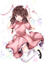 Rule 34 | 1girl, :d, animal ears, bad id, bad pixiv id, black footwear, blush, brown eyes, brown hair, carrot necklace, dress, floral background, full body, hair between eyes, hands up, highres, inaba tewi, jewelry, looking at viewer, medium hair, nanase nao, necklace, open mouth, pink dress, puffy short sleeves, puffy sleeves, rabbit ears, rabbit girl, rabbit pose, rabbit tail, ribbon-trimmed dress, shoes, short sleeves, smile, solo, tail, thighhighs, touhou, white thighhighs