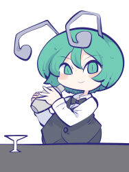 Rule 34 | 1girl, alternate costume, antennae, black bow, black bowtie, black jacket, bow, bowtie, chahan (fried rice0614), closed mouth, cocktail shaker, collared shirt, commentary, cup, drinking glass, formal, green eyes, green hair, highres, holding, jacket, looking at viewer, shirt, short hair, simple background, smile, solo, touhou, white background, white shirt, wriggle nightbug