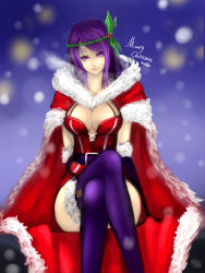 Rule 34 | 1girl, belt, boots, breasts, breath, cape, christmas, cleavage, corset, crossed legs, elbow gloves, fur trim, gloves, headband, highres, kumiko shiba, large breasts, league of legends, leblanc (league of legends), long hair, merry christmas, parted bangs, purple eyes, purple hair, purple thighhighs, santa costume, sitting, smile, solo, swept bangs, thigh boots, thighhighs