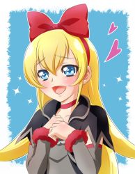 Rule 34 | 1girl, :d, blonde hair, blue-fin, blue background, blue eyes, blush, dokidoki! precure, hand on own chest, headband, heart, open mouth, precure, red ribbon, regina (dokidoki! precure), ribbon, smile, solo, sparkle, upper body