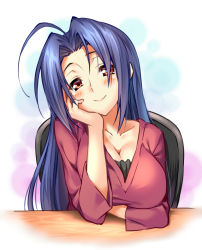Rule 34 | 1girl, ahoge, arm support, blue hair, blush, breasts, brown eyes, cleavage, hand on own face, idolmaster, idolmaster (classic), large breasts, long hair, looking at viewer, miura azusa, piromizu, red eyes, sitting, smile, solo, white background