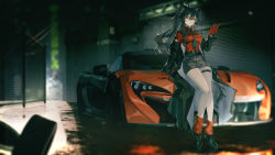 Rule 34 | 1girl, absurdres, animal ears, arknights, black footwear, black hair, candy, car, commentary request, food, gloves, highres, lollipop, looking at viewer, mclaren, mclaren p1, motor vehicle, outdoors, ponytail, red eyes, red gloves, red socks, road, sitting on car, socks, solo, sports car, street, tail, texas, texas (arknights), tuzhate, wolf ears, wolf girl, wolf tail