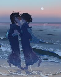 Rule 34 | 2girls, ahoge, barefoot, beach, black hair, blue kimono, blue sash, blue sky, closed eyes, colored inner hair, commentary, full body, full moon, gradient sky, hand on another&#039;s cheek, hand on another&#039;s face, hand on own cheek, hand on own face, highres, holding hands, japanese clothes, kimono, long sleeves, looking at another, moon, multicolored hair, multiple girls, obi, ocean, open mouth, orange hair, orange sky, original, outdoors, sand, sash, shore, short hair, sky, smile, standing, standing on one leg, teeth, twilight, two-tone hair, umi (umi04787030), upper teeth only, water, wave print, wide sleeves, yuri