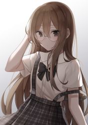 Rule 34 | 1girl, absurdres, black bow, blush, bow, bowtie, brown hair, closed mouth, glasses, hair between eyes, hands in hair, highres, karou (lhscck302), long hair, looking at viewer, original, plaid, plaid skirt, school uniform, shirt, sidelocks, simple background, skirt, solo, standing, suspender skirt, suspenders, uniform, unmoving pattern, wardrobe malfunction, white background, white shirt