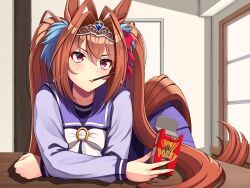 Rule 34 | 1girl, absurdres, animal ears, arm support, bent over, blush, brown hair, commentary request, daiwa scarlet (umamusume), double-parted bangs, fingernails, food, food in mouth, hair between eyes, hair intakes, hair ornament, highres, horse ears, horse girl, horse tail, indoors, long hair, long sleeves, looking up, mouth hold, pocky, pocky in mouth, red eyes, school uniform, shirt, skirt, solo, table, tail, tiara, tracen school uniform, tussy, twintails, umamusume, v-shaped eyebrows, very long hair, window