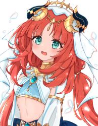 Rule 34 | 1girl, aqua eyes, aqua gemstone, blush, crop top, genshin impact, gold trim, harem outfit, long hair, long sleeves, looking at viewer, midriff, nepiui38, nilou (genshin impact), open mouth, parted bangs, red hair, simple background, solo, twintails, upper body, white background, white veil