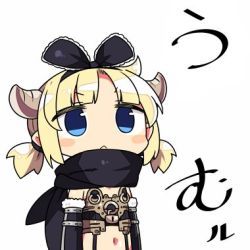 Rule 34 | 10s, 1girl, black scarf, blonde hair, blue eyes, elbow gloves, gloves, horns, jpeg artifacts, kanikama, looking up, low twintails, lowres, original, scarf, simple background, solo, stomach, text focus, translation request, twintails, umuru (wixoss), upper body, white background, wixoss