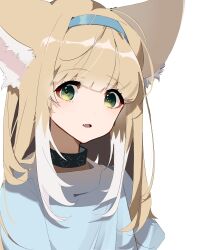 Rule 34 | 1girl, absurdres, animal ear fluff, animal ears, arknights, black collar, blonde hair, blue hairband, blue shirt, chaichai (shiba dog), chinese commentary, collar, commentary request, fang, fox ears, fox girl, green eyes, hairband, highres, infection monitor (arknights), long hair, looking at viewer, multicolored hair, open mouth, shirt, simple background, solo, streaked hair, suzuran (arknights), unfinished, upper body, white background, white hair