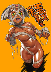 Rule 34 | 1girl, alternate eye color, alternate hair color, armlet, arung samudra (cessa), bandaged arm, bandaged head, bandages, breasts, cessa, choker, cleavage, colored sclera, commentary, cropped legs, dark-skinned female, dark skin, english commentary, english text, eye of horus, forehead jewel, green eyes, halloween costume, happy halloween, headpiece, highres, large breasts, looking at viewer, mummy, mummy costume, naked bandage, navel, ombok diving and delivery services, open mouth, orange background, outstretched arms, revealing clothes, shiny skin, short hair, silver hair, skindentation, solo, very dark skin, yellow sclera, zombie pose