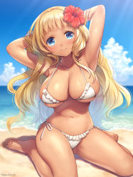 Rule 34 | 1girl, armpits, arms behind head, arms up, bare arms, bare legs, bare shoulders, barefoot, beach, bikini, blonde hair, blue eyes, blue sky, breasts, cleavage, closed mouth, cloud, collarbone, commission, day, flower, frilled bikini, frills, hagino kouta, hair flower, hair ornament, head tilt, hibiscus, horizon, jewelry, large breasts, long hair, navel, ocean, on ground, original, outdoors, pendant, red flower, sand, side-tie bikini bottom, skeb commission, sky, smile, solo, swimsuit, tan, very long hair, water, white bikini