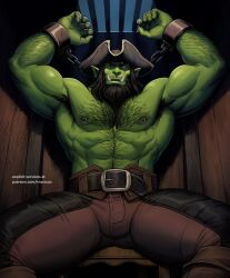 Rule 34 | 1boy, abs, arm hair, armpit hair, armpits, arms up, bara, beard, belt, biceps, blind, bulge, colored skin, cuffs, facial hair, feet out of frame, green skin, hairy, handcuffs, hat, highres, large pectorals, leather, leather pants, long beard, looking at viewer, male focus, marcus (rnarccus), mature male, monster boy, muscular, muscular male, navel, navel hair, nipples, obliques, orc, original, pants, pectorals, pirate, pirate hat, pointy ears, scar, scar across eye, sitting, solo, stomach, thick chest hair, thick eyebrows, thick thighs, thighs, topless male, tusks, v-taper, vendric (marcus)
