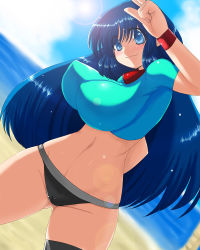 Rule 34 | 1girl, bad id, bad pixiv id, beach, blue eyes, blue hair, breasts, day, female focus, huge breasts, long hair, matching hair/eyes, outdoors, sky, solo, swimsuit, thighhighs, za (artist)
