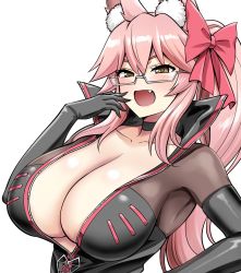 Rule 34 | 1girl, animal ear fluff, animal ears, black bodysuit, blush, bodysuit, bow, breasts, center opening, choker, cleavage, fang, fate/grand order, fate (series), fox ears, fox girl, fox tail, glasses, hair between eyes, hair bow, highres, kanno takanori, koyanskaya (assassin) (first ascension) (fate), koyanskaya (fate), large breasts, long hair, looking at viewer, open mouth, pink bow, pink hair, ponytail, sidelocks, smile, solo, tail, tamamo (fate), yellow eyes