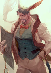 Rule 34 | 1boy, absurdres, animal ears, beard, black hair, bow, bowtie, cigarette, clock, coat, collared coat, collared shirt, ear piercing, earrings, facial hair, gloves, hand in pocket, highres, jewelry, looking at viewer, male focus, manly, mature male, muscular, muscular male, newspaper, open clothes, open coat, original, pants, piercing, rabbit ears, scarf, shirt, short hair, simple background, smoke, smoking, solo, tight clothes, ueno kishi, umbrella, white background, yellow eyes