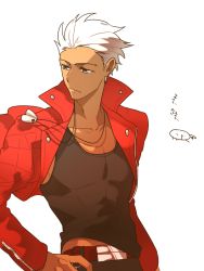 Rule 34 | 10s, 1boy, adapted costume, archer (fate), bad id, bad pixiv id, collar, dark-skinned male, dark skin, dog tags, fate/extra, fate/extra ccc, fate (series), grey eyes, jacket, male focus, red jacket, solo, toridori (csunhong1), white hair
