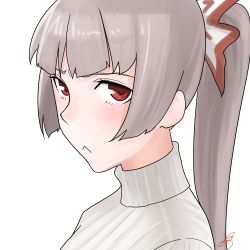 Rule 34 | 1girl, alternate costume, alternate hairstyle, amino (tn7135), bad id, bad pixiv id, blush, fujiwara no mokou, hair ornament, hair ribbon, long hair, looking at viewer, ponytail, portrait, red eyes, ribbon, signature, silver hair, simple background, solo, sweater, touhou, turtleneck, white background