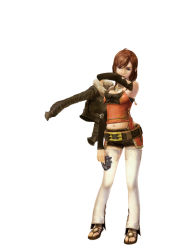 Rule 34 | 1girl, 3d, belle (ffcc), belle (final fantasy), brown eyes, brown hair, detached sleeves, final fantasy, final fantasy crystal chronicles, jacket, midriff, navel, official art, sandals, selkie, smile, solo, thighhighs, zettai ryouiki