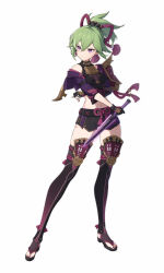 Rule 34 | 1girl, absurdres, armor, bare shoulders, black gloves, black nails, black shirt, black shorts, black thighhighs, breasts, commentary request, crop top, dagger, full body, genshin impact, gloves, green hair, hair between eyes, highres, holding, holding dagger, holding knife, holding weapon, kinokare, knife, kuki shinobu, midriff, nail polish, navel, ponytail, purple eyes, reverse grip, shirt, short hair, short shorts, shorts, shoulder armor, simple background, small breasts, solo, standing, stomach, thighhighs, thighs, toenail polish, toenails, weapon, white background